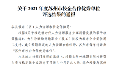 买球（中国）获评2021年度苏州校企合作优秀单位